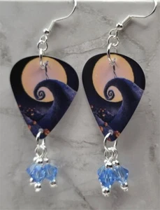 Iconic Jack Skellington Scene Guitar Pick Earrings with Blue Swarovski Crystals - Picture 1 of 5