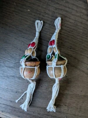 Lot of 2 Miniature Macrame Plant Hanger Faux Plant Ornament Dollhouse Boho - Image 1 of 4