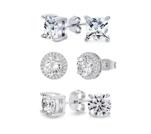 3pc Sterling Silver Round Halo Cut Cubic Zirconia Studs Set SHIPS FROM USA - Picture 1 of 1
