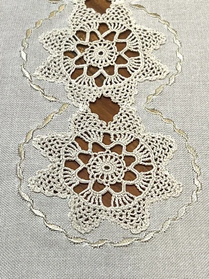Table Top Topper Runner Needlepoint Crochet Embroidered Beige Arlette Hand Made - Image 1 of 4