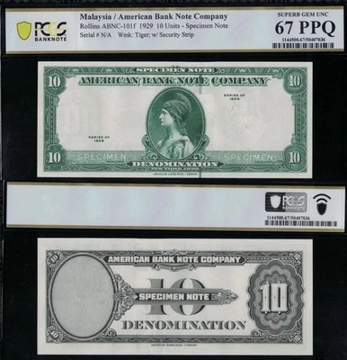 SC 1929 10 Units American Bank Note Company Specimen PCGS 67 PPQ SUPERB GEM UNC - Image 1 of 3
