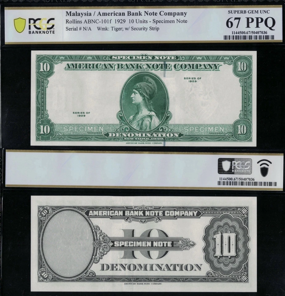 SC 1929 10 Units American Bank Note Company Specimen PCGS 67 PPQ SUPERB GEM UNC - Image 1 of 3