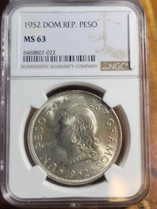 1952   Dominican Republic Silver Crown Peso  NGC MS63  - Picture 1 of 3