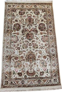 Vintage 3 x 5 ft Silk-on-Silk Hand Knotted Rug 100% Silk Oriental Beige 93x152 - Picture 1 of 24