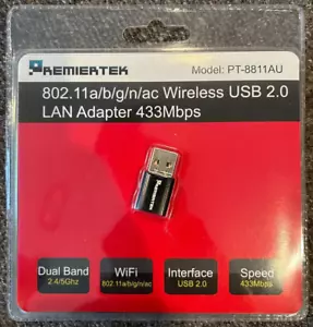 Premiertek 802.11a/b/g/n/ac Dual Band 2.4GHz/5GHz Wireless USB 2.0 LAN Adapter - Picture 1 of 2
