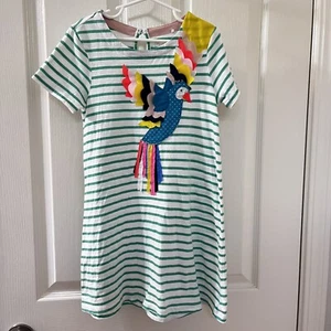Mini Boden Green Striped Applique Parrot Bird Tunic Dress Cotton Girls Size 6-7 - Picture 1 of 10