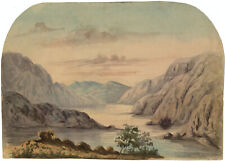 Mountain Lake Landschaft - Original 1851 Aquarell