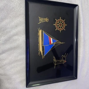 Vintage Sea Sailboat Couroc Of Monterey 18x12 Tray W/ Brass Inlays Around - Picture 1 of 6