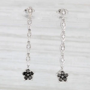 0.35ctw Black White Diamond Flower Drop Earrings 14k White Gold - Picture 1 of 6
