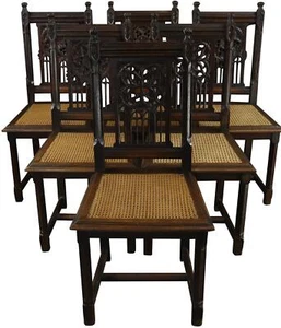 Antique Dining Chairs Gothic French 1890 Set 6 Carved Oak Cane Rattan - Picture 1 of 8