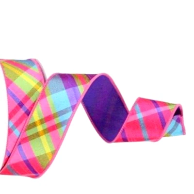Pink Purple Plaid 1.5" by 2 yard Diagonal Fused Double-sided Wired Ribbon - Image 1 of 3