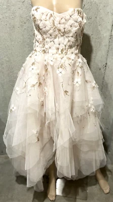 Monique Lhuillier Collection Floral Feather Embroidered Tulle Long Midi Dress 6 - Image 1 of 4