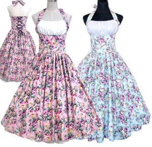 Vintage 50s 60s Swing Retro Rockabilly Dress Festival Party Dress Cotton Floral - Picture 1 of 6