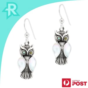 Owl Shell Wings & Eyes Sterling Silver 925 Hook Earrings - Imagen 1 de 6