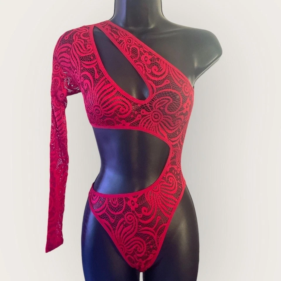 Fredericks of Hollywood "Kerry" 红色花边不对称紧身衣裤 S 码 50 美元 — 第 1/1 张图片