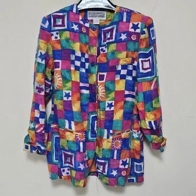 Top vintage años 80 Pat Argenti para mujer M seda pura geométrico multicolor manga larga Foto 1 de 4