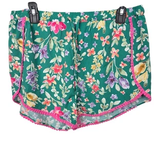 Magnolia Botique Green Floral Print Shorts Pink Trim Elastic Waist Womens Large - Picture 1 of 6