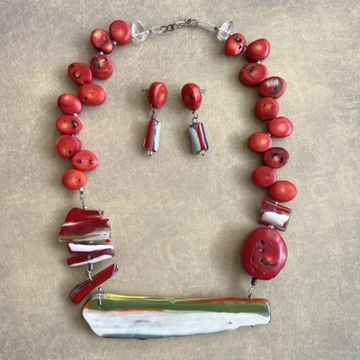 Hecho a mano ÚNICO conjunto de collar y aretes llamativos semillas Bombona? Vidrio artístico fundido Foto 1 de 4