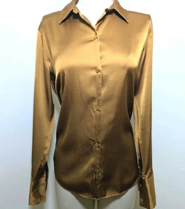 Abercrombie & Fitch Women's Satin Button Up Shirt M Gold Bronze Y2K Chic - Picture 1 of 9