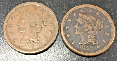 2-Large Cents 1856 Slant 5 N-1 & 1856 Upright 5 N-10 Varieties EAC COLLECTION - Image 1 of 4