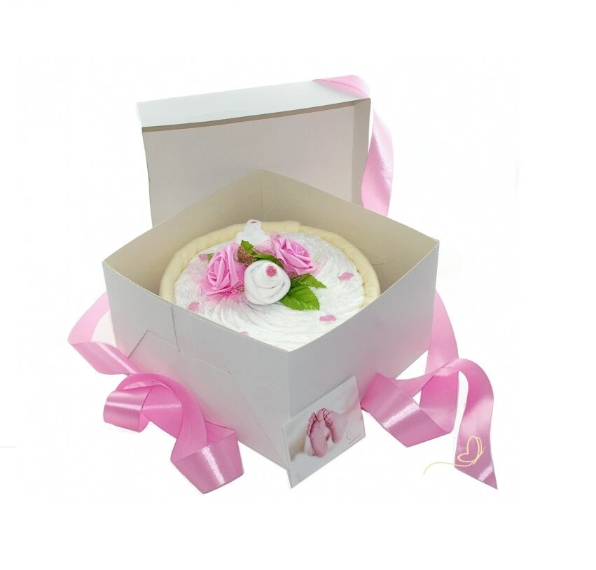 DUBISTDA.DE Windeltorte rosa in CAKEBOX für Baby Mädchen - Geschenk zur Geburt Babyparty