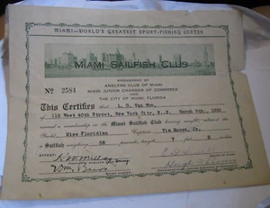 Miami Sailfish Club Certificate 1935 Signed by Mayor E G Sewell, Angler's Seal - Picture 1 of 7