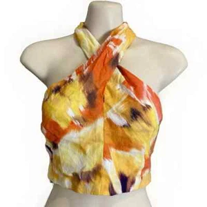 Aere women's boho 90s design print linen mix knot tie halter crop top 8/XS (533) - Picture 1 of 3
