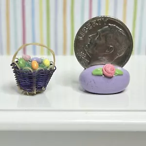 Miniature Woven Easter Basket Filled Eggs 1:24 Handmade Dollhouse Purple - Picture 1 of 4