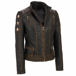 Chaqueta de cuero para motociclista vintage marrón en apuros Cafe Racer para mujer - Imagen 1 de 4