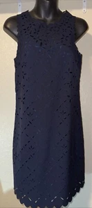 J. CREW Navy Blue Laser Cut Floral Eyelet Shift Dress Style B8789 Size 0 - Picture 1 of 4