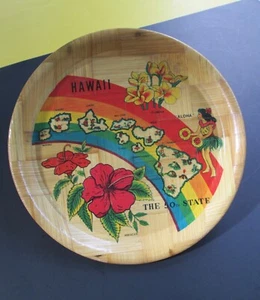 Vintage HAWAII Travel Souvenir Tray 11" Round HandWoven Bamboo Rainbow Hibiscus - Picture 1 of 4