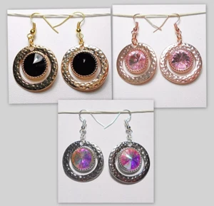 Dangle earrings, Faceted Glass cente, 47mm long. Black, Rose, Clear a.b.,  (2B2) - Picture 1 of 10