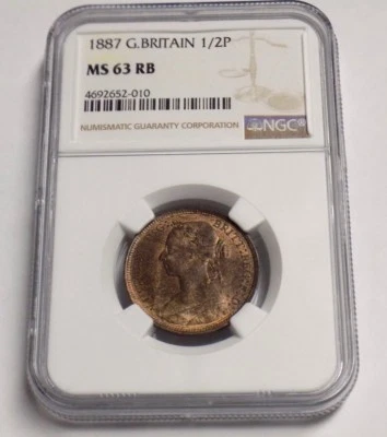 GREAT BRITAIN 1887 1/2 P HALF PENNY NGC MS63 RB MS 63 England Certified UK Coin  - Image 1 of 4