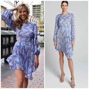 A.L.C. Vestido Behati Plisado Manga Larga Cóctel Asimétrico Azul Floral 2 NUEVO - Imagen 1 de 12