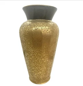 VINTAGE PADEN CITY BLACK SWANSON VASE WITH GOLD ENCRUSTED WHEELING ETCHING 1930S - Picture 1 of 9