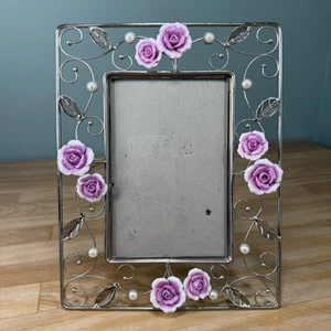 VTG Italy Porcelain Rose Pink Photo Picture Frame Pearl Silver Metal Cottagecore - Picture 1 of 18