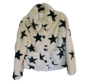 Popsugar Women's Lined Button Up Jacket, Beige W/Black Stars,Size XS Faux Fur - Picture 1 of 16
