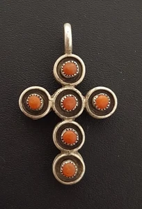 Turquoise Coral Reversible Cross Sterling Silver Pendant Hopi Vtg SW 1" Charm - Picture 1 of 13