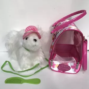 Pucci Pups Puppy in Carrier Battat Toys White Furry Dog Hat Leash Comb Maltese - Picture 1 of 12