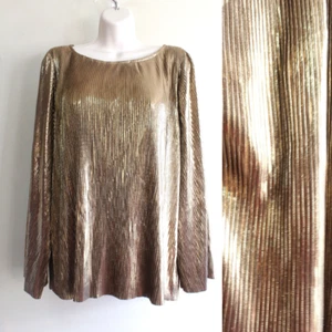 Gold Disco Shirt Jennifer Lopez XL Metallic Pleated Poly Flared Sleeve Boat Neck - Picture 1 of 9