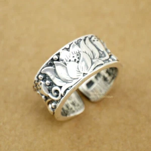 925 Sterling Silver Lotus Flower Heart Sutra Buddhism Yoga Open Band Ring A3345 - Picture 1 of 9