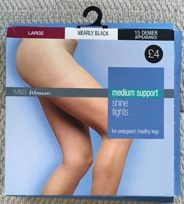 M & S 15 DENIER TIGHTS~LARGE ~SHADE NEARLY BLACK ~REINFORCED BODY & TOE- SUPPORT - Image 1 of 3