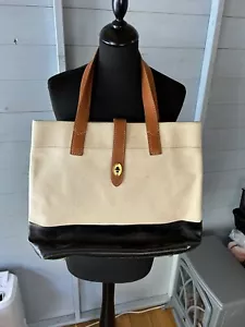 Fossil Austin Brown Leather Beige Canvas Tote Bag Handbag - Picture 1 of 9