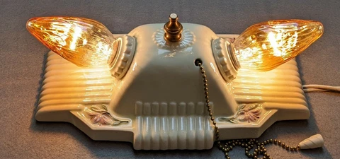 PORCELIER 2-Bulb Porcelain Ceiling Light: Art Deco & MCM Era, Rewired: 3 avail Cover