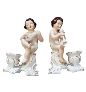 Misfit Hand Painted Dresden Cherub Candle Candlestick Holder Rare Find READ - Bild 1 von 16