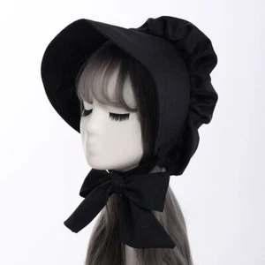 Retro Women's Black Maid Bonnet Lace Pilgrim Fancy Dress Poke Bonnet Hat - Picture 1 of 8