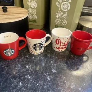 (4) Starbucks  Demitasse Espresso Mug Lot Red White Holiday Mini 3 oz Cups - Picture 1 of 6