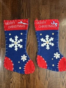 Pair of 2 Felt Christmas Stocking Snowflake Merry Christmas Stitched Blue Red - Picture 1 of 12