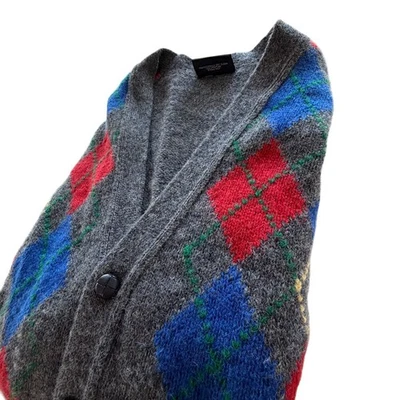 Preswick & Moore 毛衣开衫设得兰羊毛男式大号灰色 Argyle 纽扣 — 第 1/4 张图片