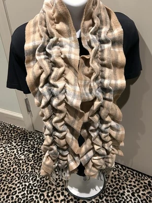 Talbots Plaid Beige Grey Lambswool Rectangle Lightweight Scrunchie Scarf - Image 1 of 4